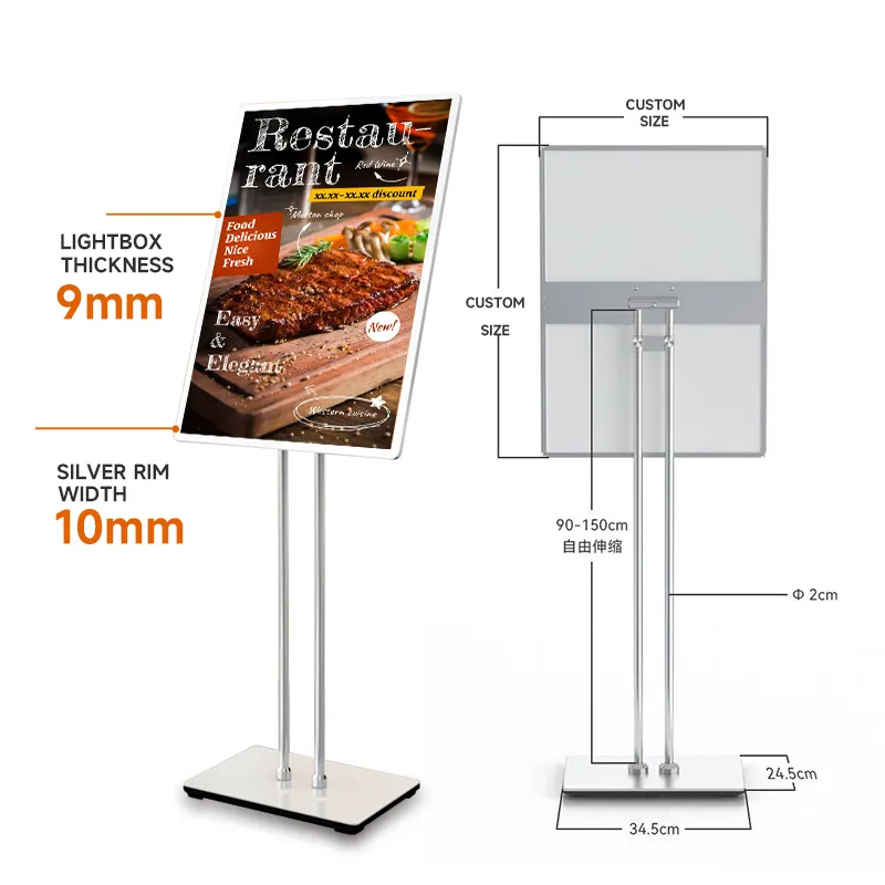 A2/A3/A4 Tempering Glass Adjustable Floor Sign Holder Poster Light Box Stand Display Board for Restaurant Hotel