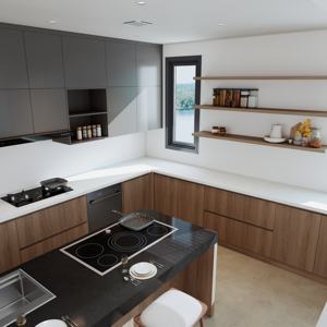 Meubles <span class=keywords><strong>de</strong></span> <span class=keywords><strong>cuisine</strong></span> gris bicolores à étagères ouvertes avec îlot <span class=keywords><strong>de</strong></span> <span class=keywords><strong>cuisson</strong></span> intégré - Solutions <span class=keywords><strong>de</strong></span> rangement contemporaines pour la <span class=keywords><strong>cuisine</strong></span> à domicile - Product Image 1