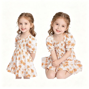 Vestido A26-4 Personalizado de Bambú/Algodón para Niñas, Corte en A, Largo hasta la Rodilla, Cuerpo Fruncido, Mangas Cortas Tipo Linterna con Volantes y Pétalos, para Bebés y Niñas Pequeñas - Product Image 4