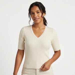 Pull court en maille côtelée à col en V et manches courtes pour femme, coupe ajustée, couleur unie, style décontracté printemps - Product Image 1