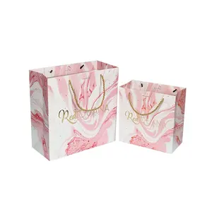 Bolsa de papel con estampado de mármol rosa, logotipo personalizado, Boutique de lujo, regalo, con mango