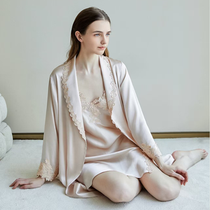 Conjuntos de Bata de seda 100% de lujo de calidad, nueva ropa de dormir bordada transpirable hasta la rodilla, camisón de seda elegante para mujer para verano - Product Image 2