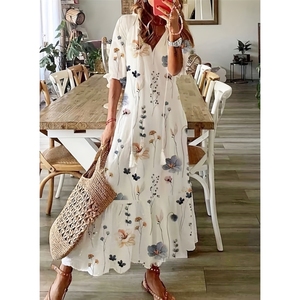 เดรสยาวผู้หญิงแฟชั่น คอวีผูกโบว์ พิมพ์ลาย แขนยาวปานกลาง ทรงหลวมสบายๆ - Product Image 6