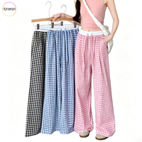 Pantalon large à carreaux vichy pour femme, taille haute, coupe ample, poches latérales, doux, respirant, pour le quotidien, la maison et le streetwear