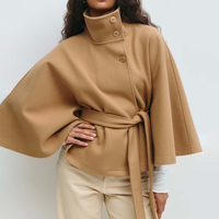 Manteau Cape Automne Hiver Femme Col Montant Boutonné Ceinturé Court Style Poncho Élégant Veste de Bureau pour Femme