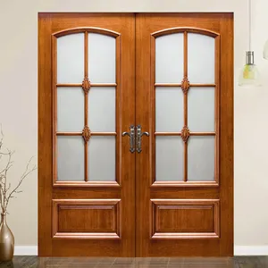 Customized outdoor timber wooden glass doors designs house villa exterior main entrance french style teak solid wood slab door