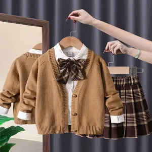 Ensemble jupe plissée + pull + chemise 3 pièces pour enfant fille, tenue d'automne