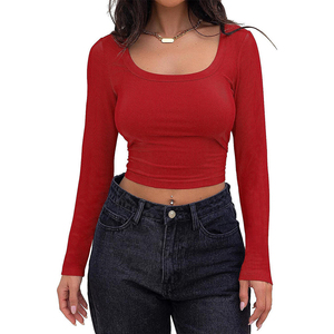 <span class=keywords><strong>T</strong></span>-<span class=keywords><strong>shirt</strong></span> pour <span class=keywords><strong>femme</strong></span> à col carré, coupe slim, manches longues, avec rayures côtelées, design personnalisé, nouveau style européen et américain - Product Image 2