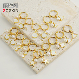 Zogxin Hoop Earrings Gold Pearl Shell Geometric Star Heart Flower Hexagon Triangle Moon Everyday Wear - Product Image 1