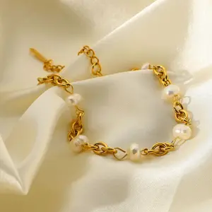 Dainty Jewelry 18k Gold Stainless Steel Women Chain Bangles Natural Freshwater Pearl Bracelets