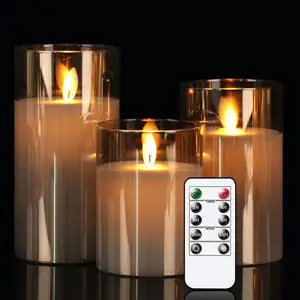 배터리 전원 유리 불꽃 깜박임 원격 왁스 기둥 led 촛불 가벼운 전자 촛불 움직이는 불꽃