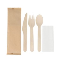 Ensemble de couverts jetables écologiques biodégradables en bois, trois pièces (fourchette, couteau, cuillère) avec serviette, pour hôtel, restaurant, fête, à emporter