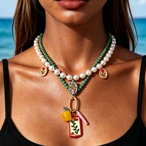 Modische Großhandels-OEM-ODM Doppelstrang-Perlenkette für Damen mit Türkis, Glasperlen, Emaille, Blumen- und Fruchtanhängern - Product Image 1