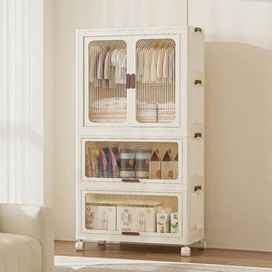 Foldable Plastic Food Container Multifunction Classic Design for Living Room Storage Portable Cupboard with <b>Double</b> Cabinet - Product Image 1