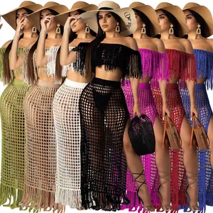 Factory supply women clothing summer dress two piece suit long mesh fringe hollow out dresses for sexy transparent