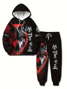 Completo Casual da Uomo con Felpa con Cappuccio e Pantaloni Jogger, Stampa <span class=keywords><strong>Lupo</strong></span> Bianco e <span class=keywords><strong>Nero</strong></span>, 100% Poliestere Traspirante, Vestibilità Regolare Leggermente Elasticizzata - Product Image 2