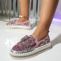Nouveauté 2026 : Mocassins plats à enfiler pour femmes, style décontracté, plateforme à semelle épaisse, bout fermé, avec paillettes et nœuds, chaussures de marche pour étudiantes