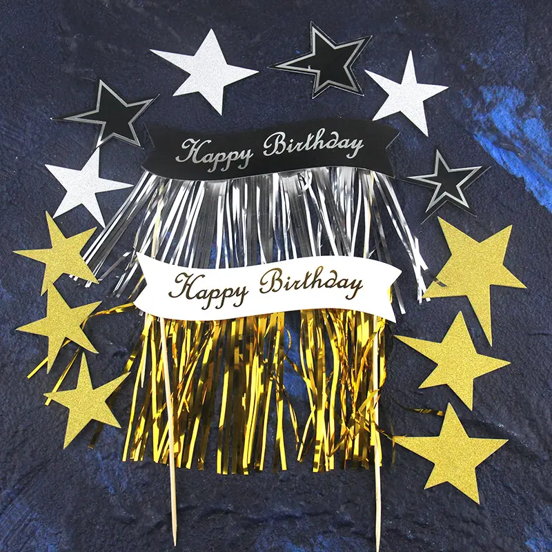 Decoración de pasteles con banderas, flecos brillantes, estrellas brillantes, feliz cumpleaños, mesa de postre, placa enchufable, decoración de adorno de pastel