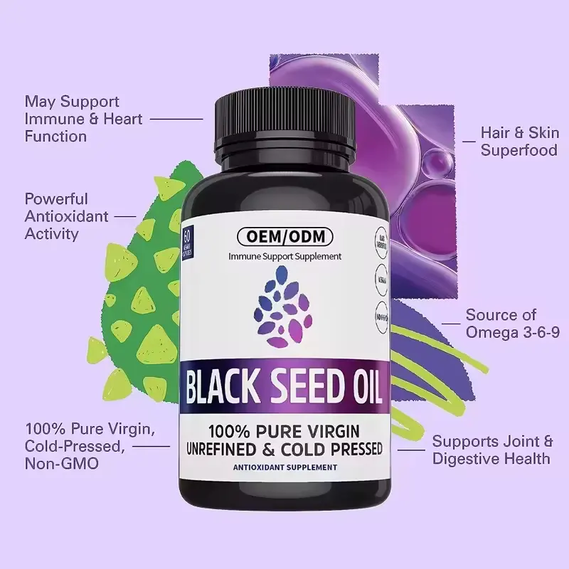 OEM özel etiket siyah tohum yağı cilt sağlığı için E vitamini ile % yumuşak jel kapsüller saf siyah kimyon tohumu yağı kapsül