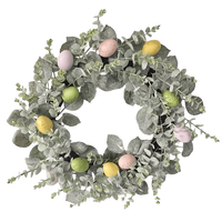Couronne de Pâques artificielle de 22/24 pouces avec œufs colorés, lapins, fleurs et feuilles vertes pour la décoration de la porte d'entrée