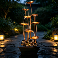 Décoration intérieure en métal, lumière LED annulaire, fontaine à eau en forme de lotus à trois niveaux pour cour