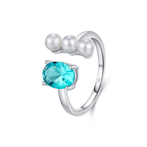 S925 Silver Oval Cut Blue <b>Crystal</b> <b>Ring</b> With Freshwater Pearls Prong Setting Romantic Women's Everyday Wear - Product Image 1
