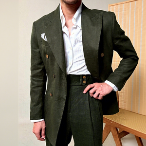 Completo <span class=keywords><strong>da</strong></span> <span class=keywords><strong>Uomo</strong></span> Estivo <span class=keywords><strong>in</strong></span> <span class=keywords><strong>Lino</strong></span> 100% Italiano, Sottile, Doppiopetto, con Colletto a Revers, Stile Napoli - Product Image 2