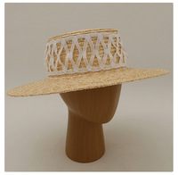 Topi anyaman jerami gandum dengan hiasan cincin, pinggiran lebar, bagian atas datar, untuk wanita, musim panas, pantai, pelindung matahari, liburan tepi laut