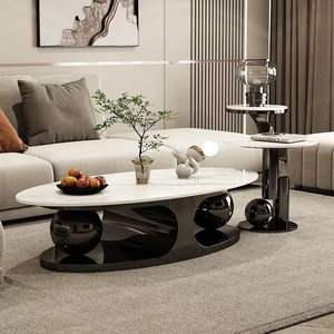 Juego de Mesa de Centro Redonda Moderna de Lujo, Acero Inoxidable Dorado, Superficie de Piedra Sinterizada, Estilo Rústico, Mesa Auxiliar Contemporánea - Product Image 4