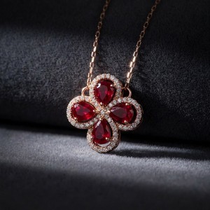 Xinfly Solid 18K Gold Natural <b>Ruby</b> Diamond Clover <b>Necklace</b> AU750 Rose Gold Pear Cut Flower Fine Jewelry for Women - Product Image 6