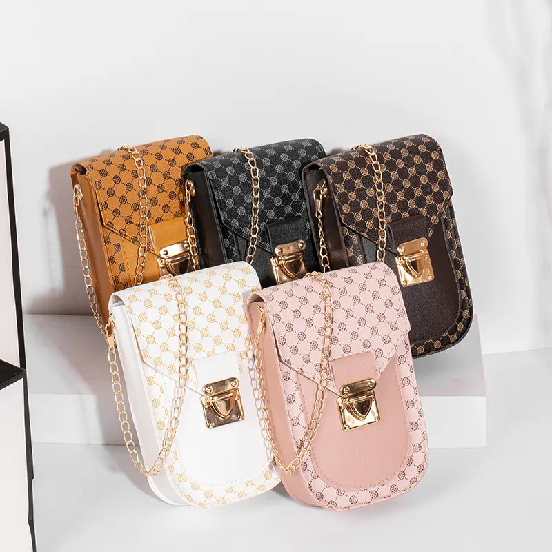 Bolsos de teléfono con estampado de patrón de puntos para mujer, venta al por mayor, bolso de mensajero cruzado con correa de cadena para mujer, bolso de mano para mujer