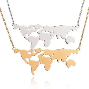 Einfache modische Edelstahl-Weltkartenzeichnungen Sieben Kontinente Muster Bild Persönlichkeit Anhänger Kette Halsketten