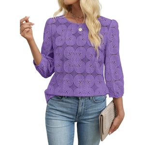 Blusas para mujer, manga 3/4, encaje morado, estampado floral, top informal para el día a día - Product Image 3