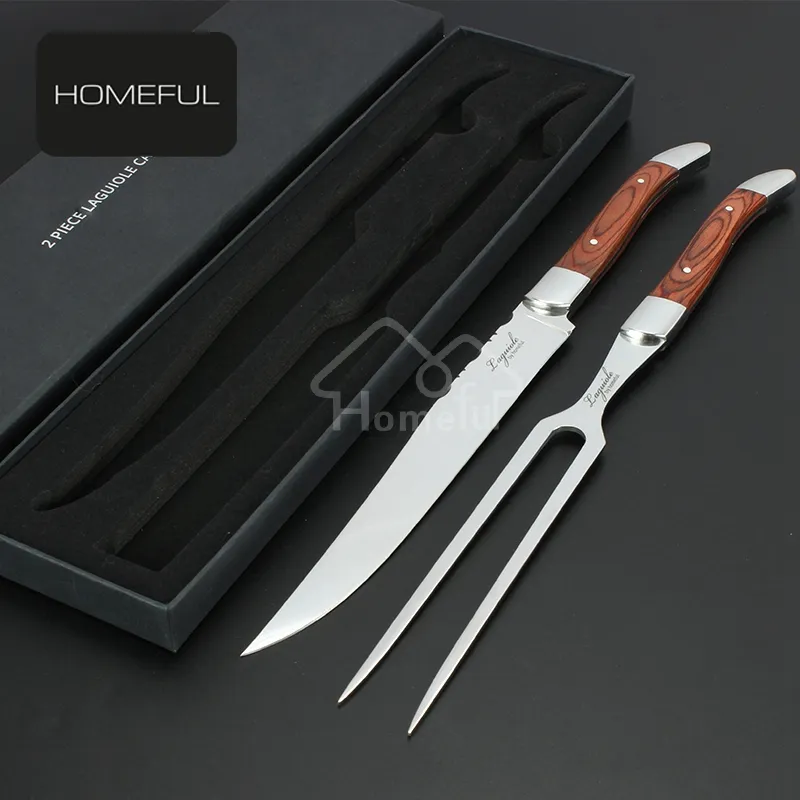 Hot selling stainless steel laguiole carving knife and fork set with pakka wood handle