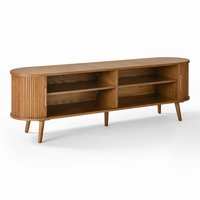Meuble TV moderne italien en bois avec porte coulissante ovale, unité de divertissement de style mi-siècle, meuble multimédia cannelé pour salon et hôtel