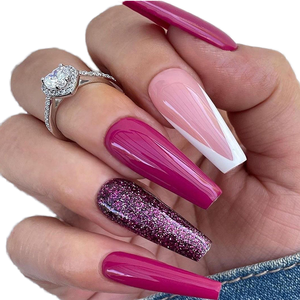 Faux ongles écologiques inodores rose poudré style <span class=keywords><strong>French</strong></span> <span class=keywords><strong>Manucure</strong></span>, 24 pièces, en ABS, avec paillettes, autocollants, forme cercueil, design 3D - Product Image 1