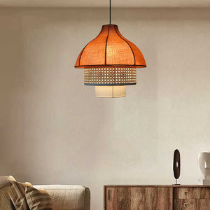 Lustre en rotin E27, luminaire suspendu rond pour salle à manger, style chinois moderne, luminaire d'inspiration Zen - Product Image 3
