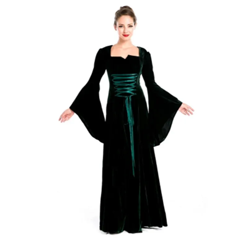 벨벳 패브릭 짙은 녹색 르네상스 의상 여성 중세 여왕 성인 멋진 드레스