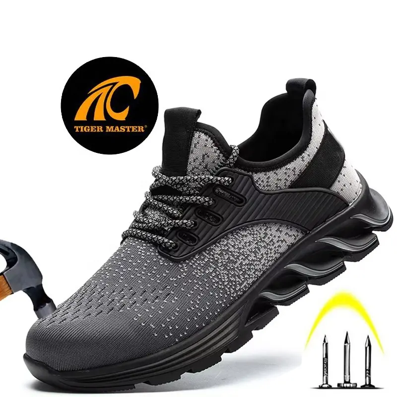 Grey fabric upper anti slip soft EVA sole steel toe anti puncture light weight breathable men safety shoes sneakers