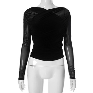 Nueva Camiseta de Manga Larga para Mujer, Color Sólido, Malla Sexy, Plisada, Cruzada, a la Moda - Product Image 6