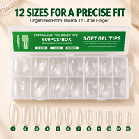 Longs faux ongles en gel transparent forme cercueil 600 pièces, gel souple, couverture complète, logo personnalisé, marque privée, fournitures d'extension d'ongles en gros