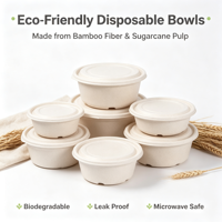 Bol rond jetable personnalisable en bagasse, récipient alimentaire biodégradable et compostable en pâte à papier pour soupes chaudes et nouilles à emporter