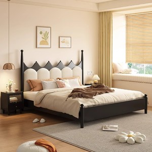 Cama de madera maciza tapizada en color crema, tamaño doble, para dormitorio - Product Image 2