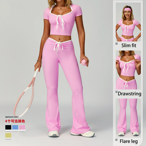 热卖Y2k裸体感速干瑜伽普拉提套装Tik Tok对比色优雅奢华两件套主动穿瑜伽套装女性 - Product Image 5