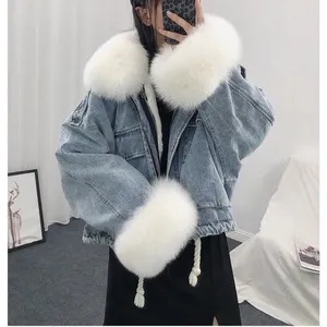 Wholesale high quality ladies winter denim coat women jean jacket with fur