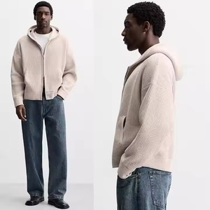 2025 Simple Design Solid Color Drop Shoulder Long Sleeve Knitwear Zipper-Up Closure Knit Hoodie <strong>Sweaters</strong> Cardigan for Men - Product Image 6