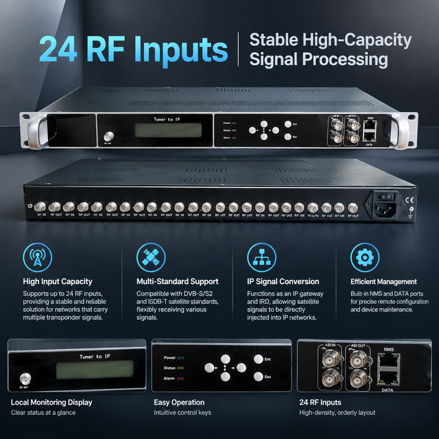 24CH DVB-S2 FTA Tuner to IP Gateway RF to IPTV Converter with BISS Decrypt 1U Rack Satellite Receiver for Hotel IPTV Digital TV