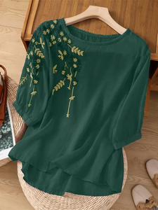 Chemisiers et Blouses Décontractés d'Été Brodés de Luxe à Col Rond et Motifs Floraux pour Femmes, Manches Trois-Quarts Respirantes - Product Image 4