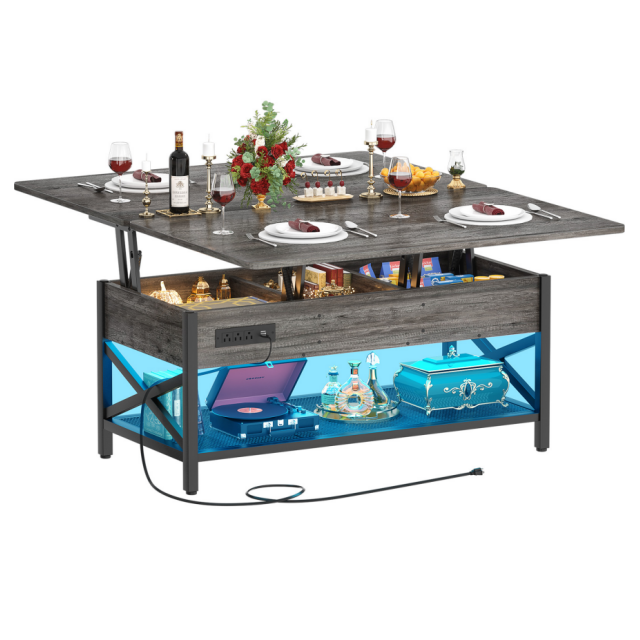 Modern Multi-Function LED Light Coffee Table with Lift Top Adjustable Height Center Table for Home Office Living Room