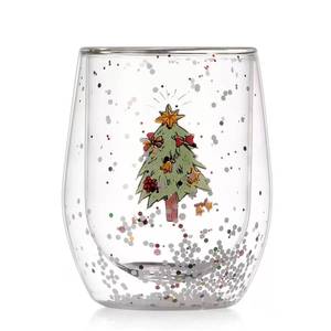 Neues Design Weihnachts-Wunschbecher mit Weihnachtsbaummuster, doppelwandiger Wasserbecher aus klarem Glas - Product Image 4